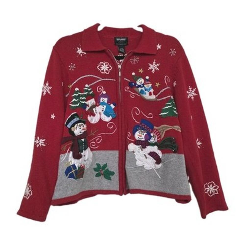 Vtg Red Christmas Sweater Womens PM Winter Snowmen Artsy 90s Teacher Full Zip